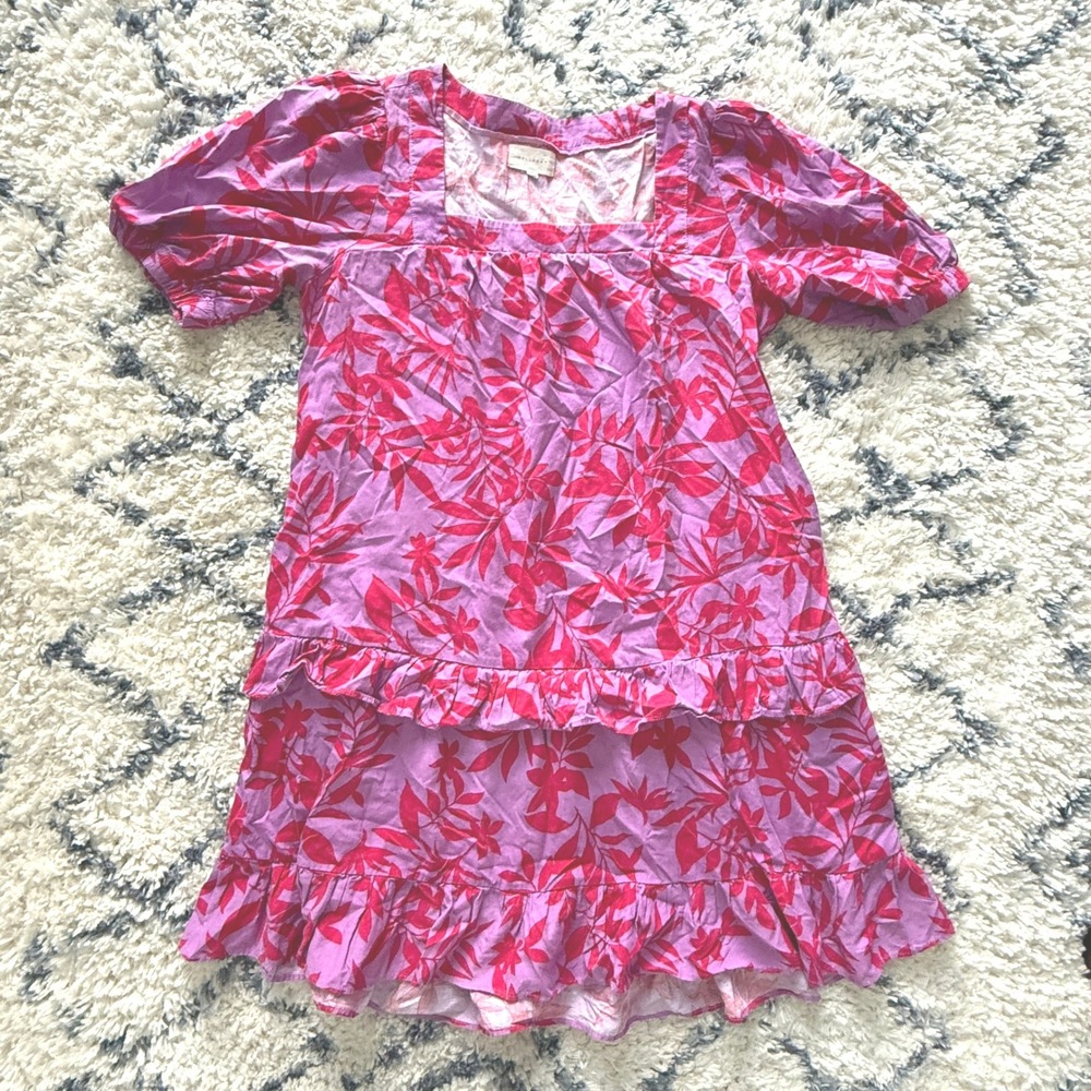Melloday Tiered Ruffle Dress Womens Large Pink Purple Tropical Leaf Puff Sleeve